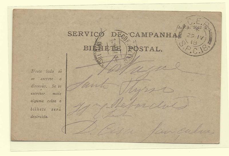 2017.jpg -     Lote:    2017      Lotes pelo Correio              Descrição:         1.ª Guerra Mundial. 1917 &mdash; Corpo Expedicionário Português. Fornecidos pelo Exército Inglês. OM CEP2. Circulado do S.P.C. 18 (29.04.18) para Santo Tirso (01.05.18)..        IC       Valor Base:     &euro; 8,00     Valor Venda:     Retirado     