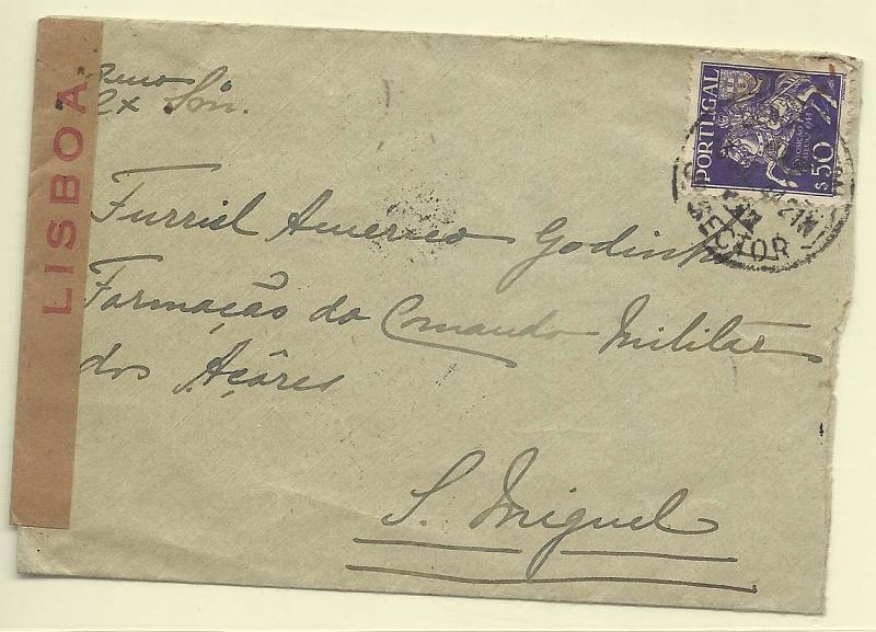 2018.jpg -     Lote:    2018      Lotes pelo Correio              Descrição:         2.ª Guerra Mundial. Censuras. Sobrescrito circulado de Lisboa (02.06.44) para S. Miguel (08.06.44). Cinta de censura em papel kraft de Lisboa.        Carta       Valor Base:     &euro; 5,00     Valor Venda:     Retirado     