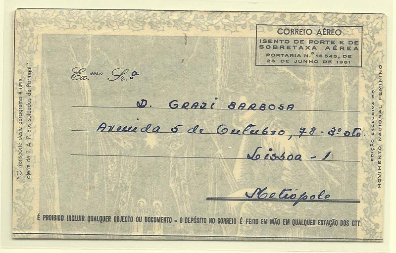 2019.jpg -     Lote:    2019      Lotes pelo Correio              Descrição:         Guerra Colonial *1964 &mdash; Bilhetes-Cartas isentos de franquia. Emissão de Natal. Edição de "SAP/3.ª REP/QG/RMA", ilustrado com soldado sentado frente a um presépio. Filigrana vertical. OM5. Circulado doSPM6576 para Lisboa.        ARG       Valor Base:     &euro; 6,00     Valor Venda:     &euro; 12,00       