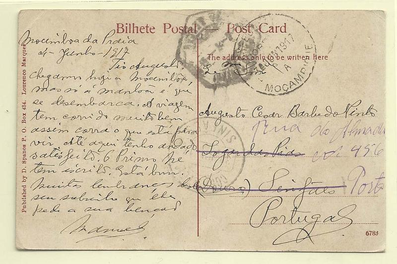 2020.jpg -     Lote:    2020      Lotes pelo Correio              Descrição:         1.ª Guerra Mundial. Expedição a Moçambique. Postal ilustrado circulado isento de franquia de Mocimboa da Praia (04.06.17) para Sinfães (30.07.17). Carimbo batido a preto "EXPEDIÇÃO / A / MOÇAMBIQUE".        IP       Valor Base:     &euro; 12,00     Valor Venda:     Retirado     