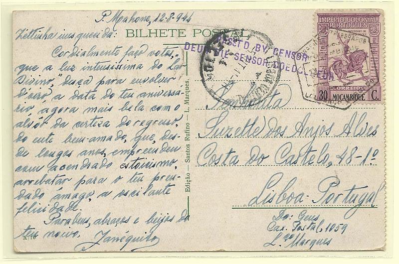 2021.jpg -     Lote:    2021      Lotes pelo Correio              Descrição:         2.ª Guerra Mundial. Censuras. 1938 &mdash; Império Colonial Português. Postal circulado de L. Marques (14.08.44) para Lisboa (05.10.44) com selos de 30c. Censurado na África do Sul com carimbo linear a violeta "PASSED BY CENSOR / DEUR DIE SENSOR COEDOEKEUR".        PI       Valor Base:     &euro; 10,00     Valor Venda:     Retirado     