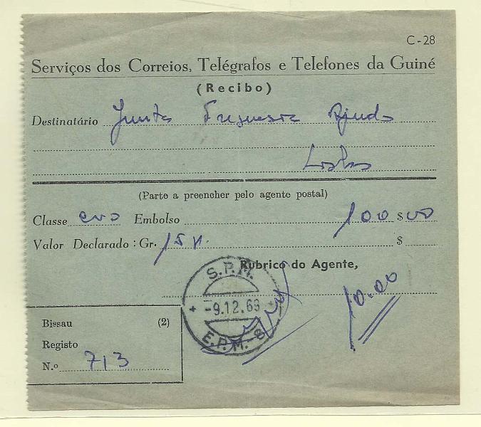 2022.jpg -     Lote:    2022      Lotes pelo Correio              Descrição:         Guerra Colonial. Guiné. Recibo de registo de Valor Declarado circulado da E.P.M. &mdash; 8 (09.12.69) para Lisboa.        IMP       Valor Base:     &euro; 6,00     Valor Venda:     Retirado     