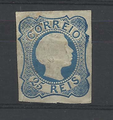 2035.jpg -     Lote:    2035      Lotes pelo Correio       Portugal        Descrição:         1855/56 - D. Pedro V, cabelos lisos. CE6, 25 reis azul com margens curtas. Charneira pesada. Valor de catálogo &euro; 1.720,00.        **       Valor Base:     &euro; 35,00     Valor Venda:     &euro; 250,00       