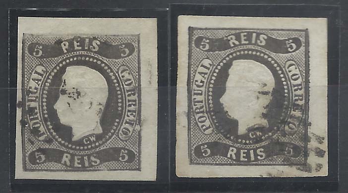 2049.jpg -     Lote:    2049      Lotes pelo Correio       Portugal        Descrição:         1866/67 &mdash; D. Luís I. Fita curva, não denteados. CE19, 5 reis preto, com boas margens. Lote de dois selos dos cunhos I e II.         O       Valor Base:     &euro; 8,00     Valor Venda:     &euro; 8,00       