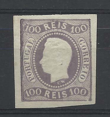 2054.jpg -     Lote:    2054      Lotes pelo Correio       Portugal        Descrição:         1866/67 &mdash; D. Luís I. Fita curva, não denteados. CE25, 100 reis lilás malva, com boas margens mas regomado.        RG***       Valor Base:     &euro; 40,00     Valor Venda:     Retirado     