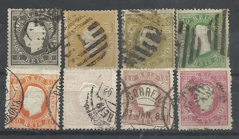 2060.jpg -     Lote:    2060      Lotes pelo Correio       Portugal        Descrição:         1870/76 &mdash; D. Luís I, dita direita. Lote composto por 8 selos: CE36, 37, 39 e 41 em denteado 12 &frac12; papel liso + CE42/43 em denteado 12 &frac12; papel porcelana + CE38 em denteado 13 &frac12; papel porcelana + CE40 em papel liso, dent. 13 &frac12; cunho XIV.        Lote       Valor Base:     &euro; 25,00     Valor Venda:     Retirado     