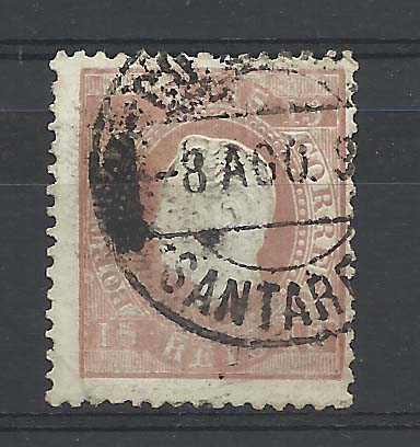2062.jpg -     Lote:    2062      Lotes pelo Correio       Portugal        Descrição:         1870/76 &mdash; D. Luís I, fita direita. CE38, 15 reis castanho, denteado 12 &frac12;, papel porcelana. CCD de SANTARÉM. Valor de catálogo &euro; 56,50.        O       Valor Base:     &euro; 15,00     Valor Venda:     Retirado     