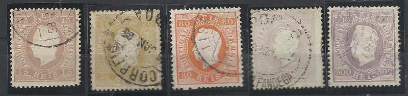 2063.jpg -     Lote:    2063      Lotes pelo Correio       Portugal        Descrição:         1870/76 &mdash; D. Luís I, fita direita. CE38, 39, 42, 43 e 47. Lote de 5 selos em denteado 13 &frac12;, papel porcelana. Valor de catálogo &euro; 321,50.        O       Valor Base:     &euro; 25,00     Valor Venda:     &euro; 32,00       