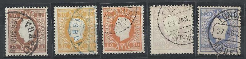 2064.jpg -     Lote:    2064      Lotes pelo Correio       Portugal        Descrição:         1870/76 &mdash; D. Luís I, fita direita. CE38, 39, 42 e 47. Lote de 5 selos (dois de 80 reis em diversas tonalidades) em denteado 12 &frac12;, papel porcelana. Valor de catálogo &euro; 196,50.        O       Valor Base:     &euro; 20,00     Valor Venda:     Retirado     