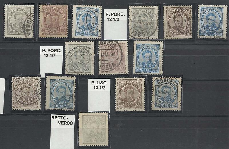 2077.jpg -     Lote:    2077      Lotes pelo Correio       Portugal        Descrição:         1882/83 &mdash; D. Luís I, de frente. CE56/58. Pequeno estudo em selos usados com diferentes tipos de papeis e denteados, incluindo um selo de 5 reis com impressão no verso por decalque. .        O       Valor Base:     &euro; 20,00     Valor Venda:     &euro; 20,00       