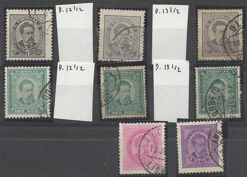2082.jpg -     Lote:    2082      Lotes pelo Correio       Portugal        Descrição:         1884/87 &mdash; D. Luís I, de frente. Novos valores. Lote composto por 8 selos: 3x5 reis CE60 em denteados 11 &frac12;, 12 &frac12; e 13 &frac12; + 3x10 reis. CE61, nos três denteados + 20 reis CE62 + 25 reis CE63. Valor de catálogo &euro; 83,50.        O       Valor Base:     &euro; 8,00     Valor Venda:     &euro; 10,00       