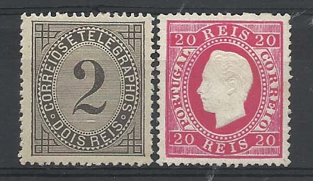 2085.jpg -     Lote:    2085      Lotes pelo Correio       Portugal        Descrição:         1884 &mdash; Taxa de Telegrama + D. Luís I. Fita direita. Nova cor e valor. CE59, 5 reis preto, denteado 13 &frac12; + CE66, 20 reis carmim, denteado 13 &frac12;, sem goma.        **/*       Valor Base:     &euro; 50,00     Valor Venda:     &euro; 50,00       