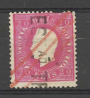 2086.jpg -     Lote:    2086      Lotes pelo Correio       Portugal        Descrição:         1884 &mdash; D. Luís I, fita direita. Nova cor e valor. CE66, 20 reis carmim, denteado 12 &frac12;, (dois dentes curtos) obliterado com carimbo linear EST.ÃO TEL. + roullettes a vermelho.        O       Valor Base:     &euro; 10,00     Valor Venda:     Retirado     