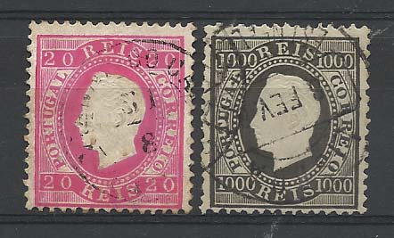 2087.jpg -     Lote:    2087      Lotes pelo Correio       Portugal        Descrição:         1884 &mdash; D. Luís I. Fita direita. Nova cor e valor. CE66/67. Série completa em denteado 12 &frac12;. Valor de catálogo &euro; 282,60.        O       Valor Base:     &euro; 30,00     Valor Venda:     Retirado     