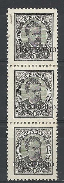2095.jpg -     Lote:    2095      Lotes pelo Correio       Portugal        Descrição:         1892/93 &mdash; D. Luís I. Sobrecargas "PROVISORIO". CE80, 5 reis preto, denteado 11 &frac12;. Tira vertical de 3 selos. Valor de catálogo &euro; 85,20        **       Valor Base:     &euro; 10,00     Valor Venda:     Retirado     