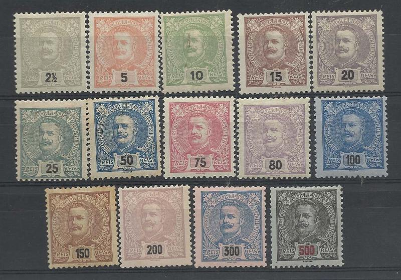2098.jpg -     Lote:    2098      Lotes pelo Correio       Portugal        Descrição:         1895/96 &mdash; D. Carlos I Mouchon. CE126/139. Série completa. Alguns selos regomados e com pontos de óxido. Valor de catálogo &euro; 942,00. Lote a ver.        RG**       Valor Base:     &euro; 50,00     Valor Venda:     &euro; 50,00       