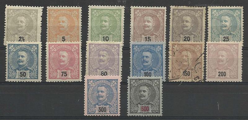 2099.jpg -     Lote:    2099      Lotes pelo Correio       Portugal        Descrição:         1895/96 &mdash; D. Carlos I. CE126/139. Série completa. Apenas um selo usado e . Lote a ver.        **/O       Valor Base:     &euro; 50,00     Valor Venda:     Retirado     