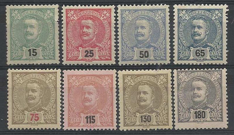 2102.jpg -     Lote:    2102      Lotes pelo Correio       Portugal        Descrição:         1898/1905 &mdash; D. Carlos I Mouchon. Novas cores e valores. CE140/147. Série completa. Selo CE145 sem goma, CE140 com defeito e alguns selos regomados. Lote a ver.        **/*       Valor Base:     &euro; 8,00     Valor Venda:     Retirado     