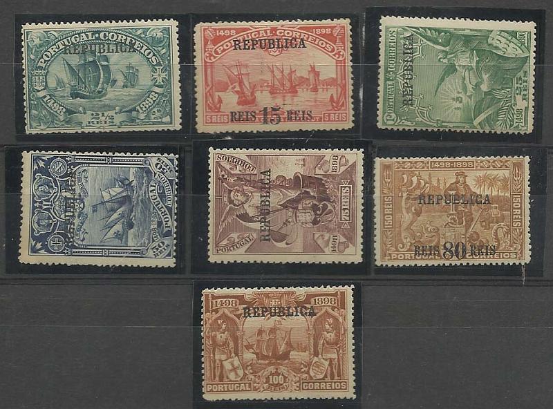 2114.jpg -     Lote:    2114      Lotes pelo Correio       Portugal        Descrição:         1898 &mdash; 4.º Centenário do Descobrimento do Caminho Marítimo para a Índia, com sobrecarga REPUBLICA e sobretaxa, sobre selos postais do Continente. CE184/90. Série incompleta, faltando CE191. Valor de catálogo &euro; 107,00.        **       Valor Base:     &euro; 10,00     Valor Venda:     Retirado     