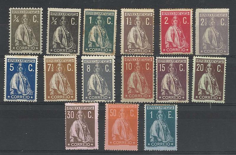 2119.jpg -     Lote:    2119      Lotes pelo Correio       Portugal        Descrição:         1912 &mdash; Ceres. CE206/220. Série completa em vários denteados e papeis. Selos de  1c, 15c e 20c com pontos de óxido. Alguns regomados. Lote a ver.        **       Valor Base:     &euro; 20,00     Valor Venda:     &euro; 20,00       