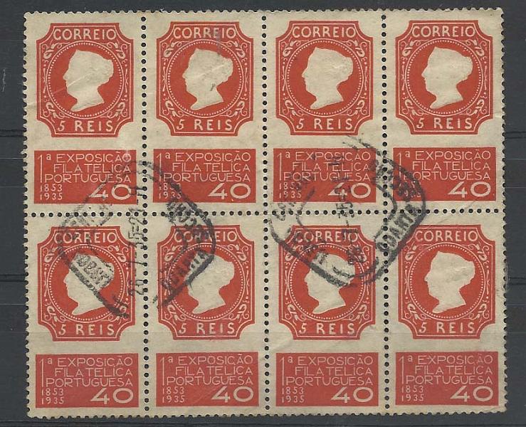 2153.jpg -     Lote:    2153      Lotes pelo Correio       Portugal        Descrição:         1935 &mdash; 1.ª Exposição Filatélica Portuguesa. CE564. $40 vermelho. Bloco de 8 selos usados.        O       Valor Base:     &euro; 3,00     Valor Venda:     Retirado     