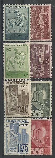 2159.jpg -     Lote:    2159      Lotes pelo Correio       Portugal        Descrição:         1940 &mdash; Centenários da Fundação e Restauração de Portugal. CE591/598. Série completa. Selo 25c com ponto de óxido e selo de 40c regomado.        **       Valor Base:     &euro; 4,00     Valor Venda:     &euro; 4,00       