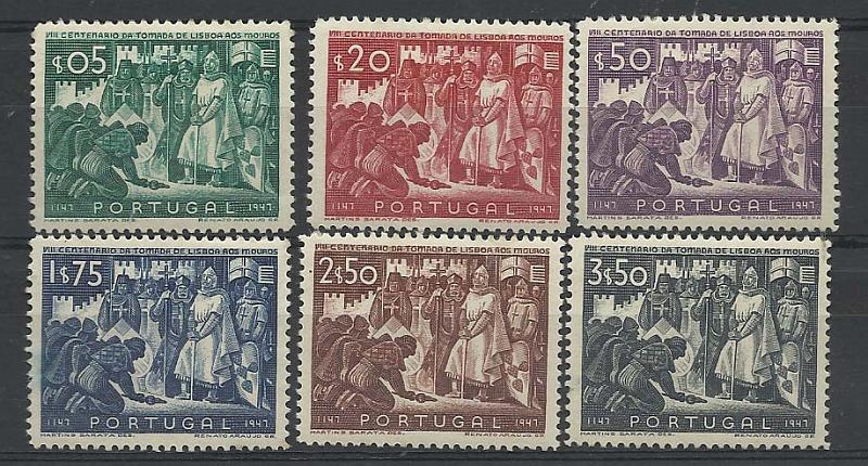 2174.jpg -     Lote:    2174      Lotes pelo Correio       Portugal        Descrição:         1947 &mdash; 8.º Centenário da Tomada de Lisboa aos Mouros. CE685/690. Série completa. Valor de catálogo &euro; 51,35.        **       Valor Base:     &euro; 5,00     Valor Venda:     &euro; 11,00       