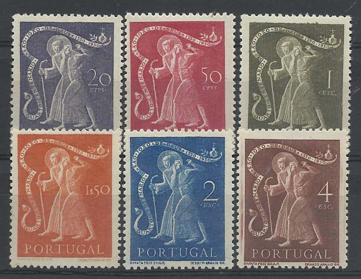 2186.jpg -     Lote:    2186      Lotes pelo Correio       Portugal        Descrição:         1950 &mdash; 4.º Centenário da Morte de S. João de Deus. CE723/728. Selo de 1$50 sem goma. Série completa. Valor de catálogo &euro; 110,00.        **       Valor Base:     &euro; 8,00     Valor Venda:     &euro; 8,00       