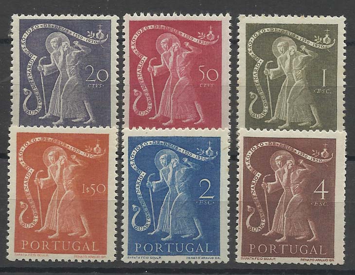 2187.jpg -     Lote:    2187      Lotes pelo Correio       Portugal        Descrição:         1950 &mdash; 4.º Centenário da Morte de S. João de Deus. CE723/728. Série completa com selos com e sem sinal de charneira. Valor de catálogo com charneira &euro; 110,00.        **       Valor Base:     &euro; 15,00     Valor Venda:     &euro; 15,00       