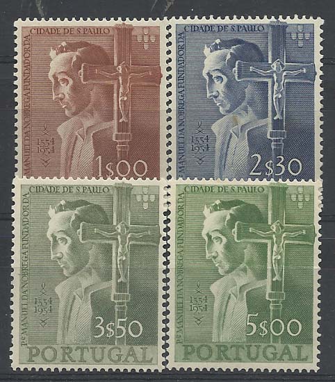 2201.jpg -     Lote:    2201      Lotes pelo Correio       Portugal        Descrição:         1954 &mdash; 4.º Centenário da Fundação da Cidade de S. Paulo. CE802/805. Série completa. Selo de 5$00 com vinco. Valor de catálogo &euro; 153,00.        **       Valor Base:     &euro; 10,00     Valor Venda:     &euro; 10,00       