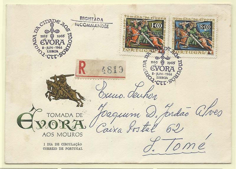 2210.jpg -     Lote:    2210      Lotes pelo Correio       Portugal        Descrição:         1966 &mdash; 8.º Centenário da Tomada da Cidade de Évora aos Mouros. CE977/978. FDC circulado registado de Lisboa (08.06.66) para S. Tomé (16.06.66).        FDC       Valor Base:     &euro; 3,00     Valor Venda:     Retirado     