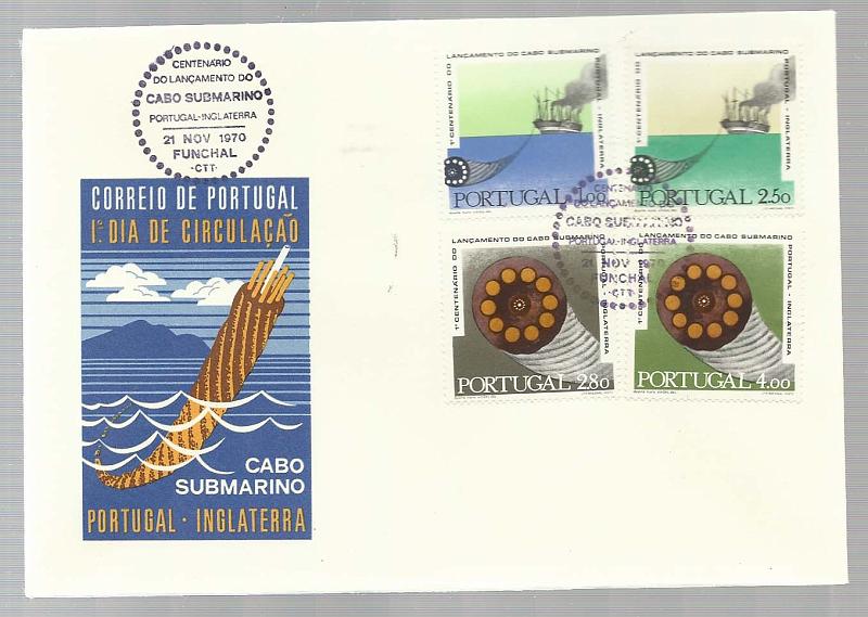 2214.jpg -     Lote:    2214      Lotes pelo Correio       Portugal        Descrição:         1970 &mdash; 1.º Centenário do lançamento do Cabo Submarino Portugal-Inglaterra. CE1083/86. Lote composto por 4 pagelas, 4 FDCs dos CTT, 4 FDCs do CFP + 4 séries em quadras. Todos obliterados, cada um com carimbo comemorativo de cada uma das cidades de Lisboa, Porto, Coimbra e Funchal. Lote a ver.        Lote       Valor Base:     &euro; 8,00     Valor Venda:     &euro; 12,00       