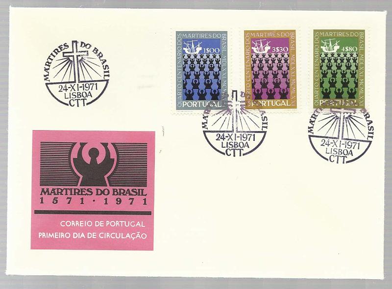 2218.jpg -     Lote:    2218      Lotes pelo Correio       Portugal        Descrição:         1971 &mdash; 4.º Centenário dos Mártires do Brasil. CE1119/21. Lote composto por 4 pagelas com selos obliterados + 4 FDC dos CTT com carimbos do Porto, Lisboa, Coimbra e Funchal + idem em sobrescritos do CFP + 4 séries em quadras cada uma com um dos 4 diversos carimbos comemorativos. Lote a ver.        Lote       Valor Base:     &euro; 5,00     Valor Venda:     &euro; 11,00       
