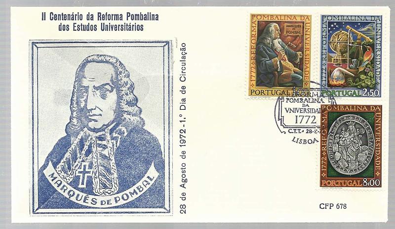 2221.jpg -     Lote:    2221      Lotes pelo Correio       Portugal        Descrição:         1972 &mdash; 2.º Centenário da Reforma Pombalina. CE1164/66. Lote composto por 4 pagelas, 4 FDCs dos CTT, 4 FDCs do CFP + 4 séries em quadras. Todos obliterados, cada um com carimbo comemorativo de cada uma das cidades de Lisboa, Porto, Coimbra e Funchal. Lote a ver.        Lote       Valor Base:     &euro; 6,00     Valor Venda:     &euro; 10,00       