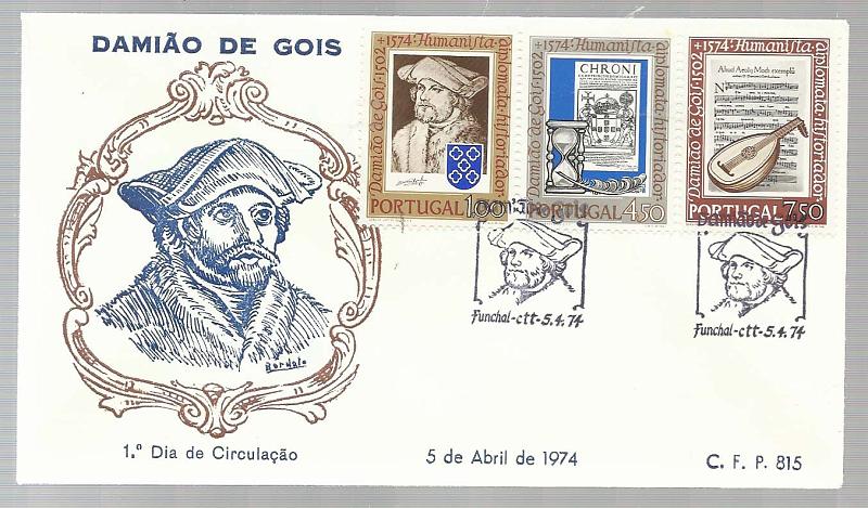 2225.jpg -     Lote:    2225      Lotes pelo Correio       Portugal        Descrição:         1974 &mdash; 4.º Centenário da Morte de Damião de Góis. CE1206/08. Lote composto por 4 pagelas, 4 FDCs dos CTT, 4 FDCs do CFP + 4 séries em quadras. Todos obliterados, cada um com carimbo comemorativo de cada uma das cidades de Lisboa, Porto, Coimbra e Funchal. Lote a ver.        Lote       Valor Base:     &euro; 8,00     Valor Venda:     &euro; 12,00       