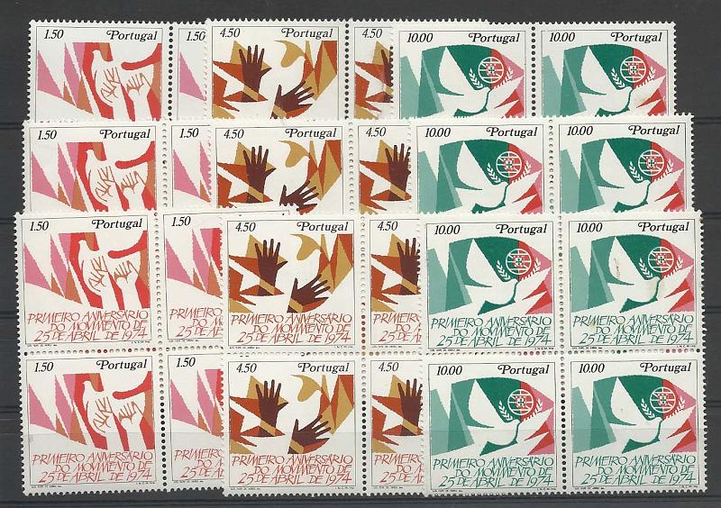 2227.jpg -     Lote:    2227      Lotes pelo Correio       Portugal        Descrição:         1975 &mdash; 1.º Aniversário do Movimento de 25 de Abril. CE1245/47. Lote composto por 3 séries em quadras (uma quadra de 10$00 com ligeiros pontos de óxido no verso). Valor de catálogo &euro; 141,00.        ***       Valor Base:     &euro; 12,00     Valor Venda:     &euro; 19,00       