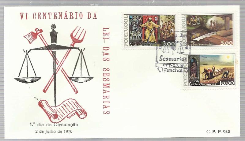 2230.jpg -     Lote:    2230      Lotes pelo Correio       Portugal        Descrição:         1976 &mdash; 6.º Centenário da Lei das Sesmarias. CE1286/88. Lote composto por 4 pagelas, 4 FDCs dos CTT, 4 FDCs do CFP + 4 séries em quadras. Todos obliterados, cada um com carimbo comemorativo de cada uma das cidades de Lisboa, Porto, Coimbra e Funchal. Lote a ver.        Lote       Valor Base:     &euro; 6,00     Valor Venda:     &euro; 6,00       