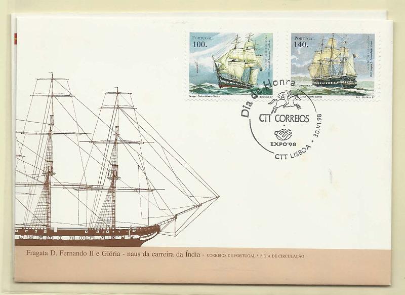 2239.jpg -     Lote:    2239      Lotes pelo Correio       Portugal        Descrição:         1998 &mdash; Fragata D. Fernando II e Glória + Regata Vasco da Gama. CE2392/93. Lote de dois FDCs.        FDC       Valor Base:     &euro; 4,00     Valor Venda:     Retirado     