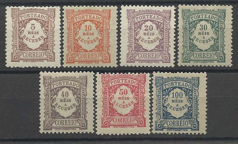 2273.jpg -     Lote:    2273      Lotes pelo Correio       Portugal        Descrição:         1904 &mdash; Porteado. Emissão regular. Valor em reis. CE POR 7/13. Série completa. Valor de catálogo &euro; 154,00.        **       Valor Base:     &euro; 15,00     Valor Venda:     &euro; 70,00       