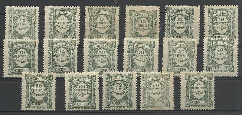 2274.jpg -     Lote:    2274      Lotes pelo Correio       Portugal        Descrição:         1922/27 &mdash; Porteado. Emissão regular. Unicolor. CE POR28/44. Série completa. Selo de 80c com ligeira mancha no verso. Valor de catálogo &euro; 36,00.        **       Valor Base:     &euro; 4,00     Valor Venda:     &euro; 17,00       