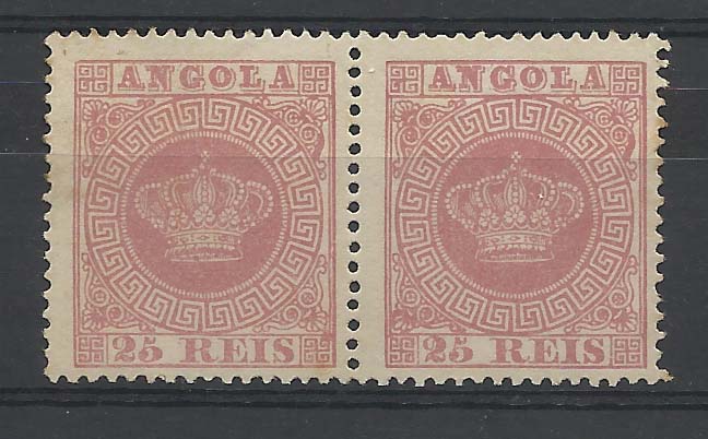 2287.jpg -     Lote:    2287      Lotes pelo Correio       Angola       Descrição:         1870/77 &mdash; Tipo Coroa. CE4, 25 reis carmim, denteado 13 &frac12;. Par horizontal. Valor de catálogo &euro; 86,00.        *       Valor Base:     &euro; 10,00     Valor Venda:     &euro; 20,00       