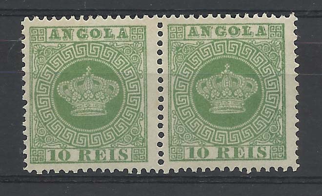 2289.jpg -     Lote:    2289      Lotes pelo Correio       Angola       Descrição:         1881/85 &mdash; Tipo Coroa. CE10, 10 reis verde, denteado 12 &frac12;. Par horizontal. Valor de catálogo &euro; 120,00.        *       Valor Base:     &euro; 12,00     Valor Venda:     &euro; 24,00       