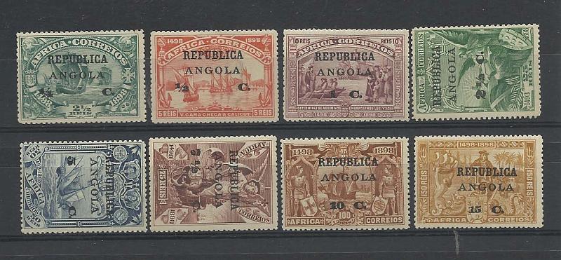 2290.jpg -     Lote:    2290      Lotes pelo Correio       Angola       Descrição:         1913 &mdash; 4.º Centenário do Descobrimento do Caminho Marítimo para a Índia, com sobrecarga e sobretaxa, sobre selos de África. CE118/125. Série completa.        **       Valor Base:     &euro; 6,00     Valor Venda:     &euro; 12,00       