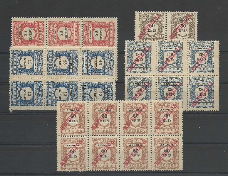 2293.jpg -     Lote:    2293      Lotes pelo Correio       Angola       Descrição:         191&frac12;1 &mdash; Porteado. Emissão Regular. Lote composto por: quadra de 50 reis CE POR15, bloco de 8 de 60 reis CE POR16; bloco de 6 de 130 reis CE POR18; e blocos de seis selos de 13c e 20c CE POR 28/29. Valor de catálogo &euro; 67,70.        ***/**       Valor Base:     &euro; 8,00     Valor Venda:     &euro; 8,00       