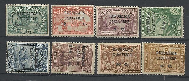 2296.jpg -     Lote:    2296      Lotes pelo Correio       Cabo Verde       Descrição:         1913 &mdash; 4.º Centenário do Descobrimento do Caminho Marítimo para a Índia, com sobrecarga e sobretaxa sobre selos de África. CE113/120. Valor de catálogo &euro; 22,00.        **       Valor Base:     &euro; 5,00     Valor Venda:     &euro; 5,00       