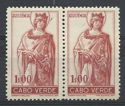 2300.jpg -     Lote:    2300      Lotes pelo Correio       Cabo Verde       Descrição:         1948 &mdash; Imposto Postal. Rainha Santa Isabel. CE IP5, 1$00 castanho vermelho. Par horizontal com muito leve sinal de charneira, Valor de catálogo &euro; 22.60.         **       Valor Base:     &euro; 6,00     Valor Venda:     &euro; 6,00       