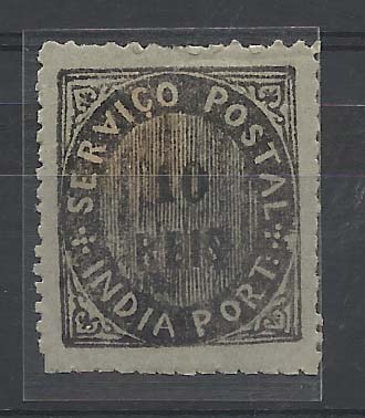 2312.jpg -     Lote:    2312      Lotes pelo Correio       Índia Portuguesa       Descrição:         1876 &mdash; Nativos. Tipo II. CE26, 10 reis preto, papel azulado, Valor de 11,00.        **       Valor Base:     &euro; 4,00     Valor Venda:     &euro; 6,00       