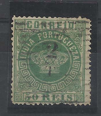 2315.jpg -     Lote:    2315      Lotes pelo Correio       Índia Portuguesa       Descrição:         1881/83 &mdash; Tipo Coroa. Com sobretaxa. CE98, 2T s/ 50 reis verde, denteado 13 &frac12;. Valor de catálogo &euro; 45,00.        O       Valor Base:     &euro; 8,00     Valor Venda:     &euro; 16,00       
