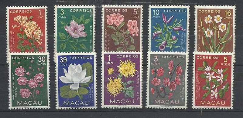 2324.jpg -     Lote:    2324      Lotes pelo Correio       Macau       Descrição:         1953 &mdash; Flores de Macau. CE374/383. Série completa. Selo de 5P com mancha no verso. Lote a ver. Valor de catálogo &euro; 38,00.        ***       Valor Base:     &euro; 5,00     Valor Venda:     Retirado     