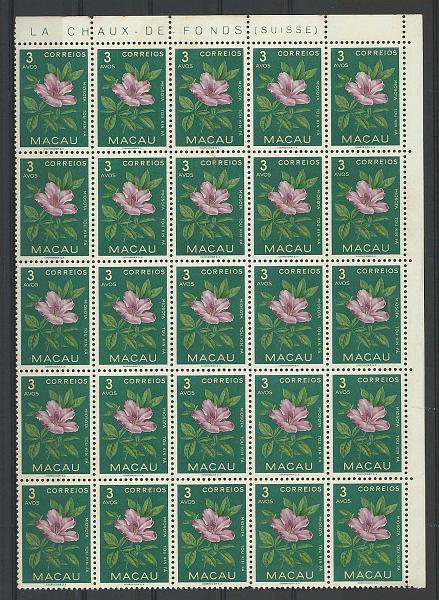 2325.jpg -     Lote:    2325      Lotes pelo Correio       Macau       Descrição:         1953 &mdash; Flores de Macau. CE375, 3 avos. Bloco de 25 selos. Valor de catálogo &euro; 15,00.        ***       Valor Base:     &euro; 4,00     Valor Venda:     Retirado     